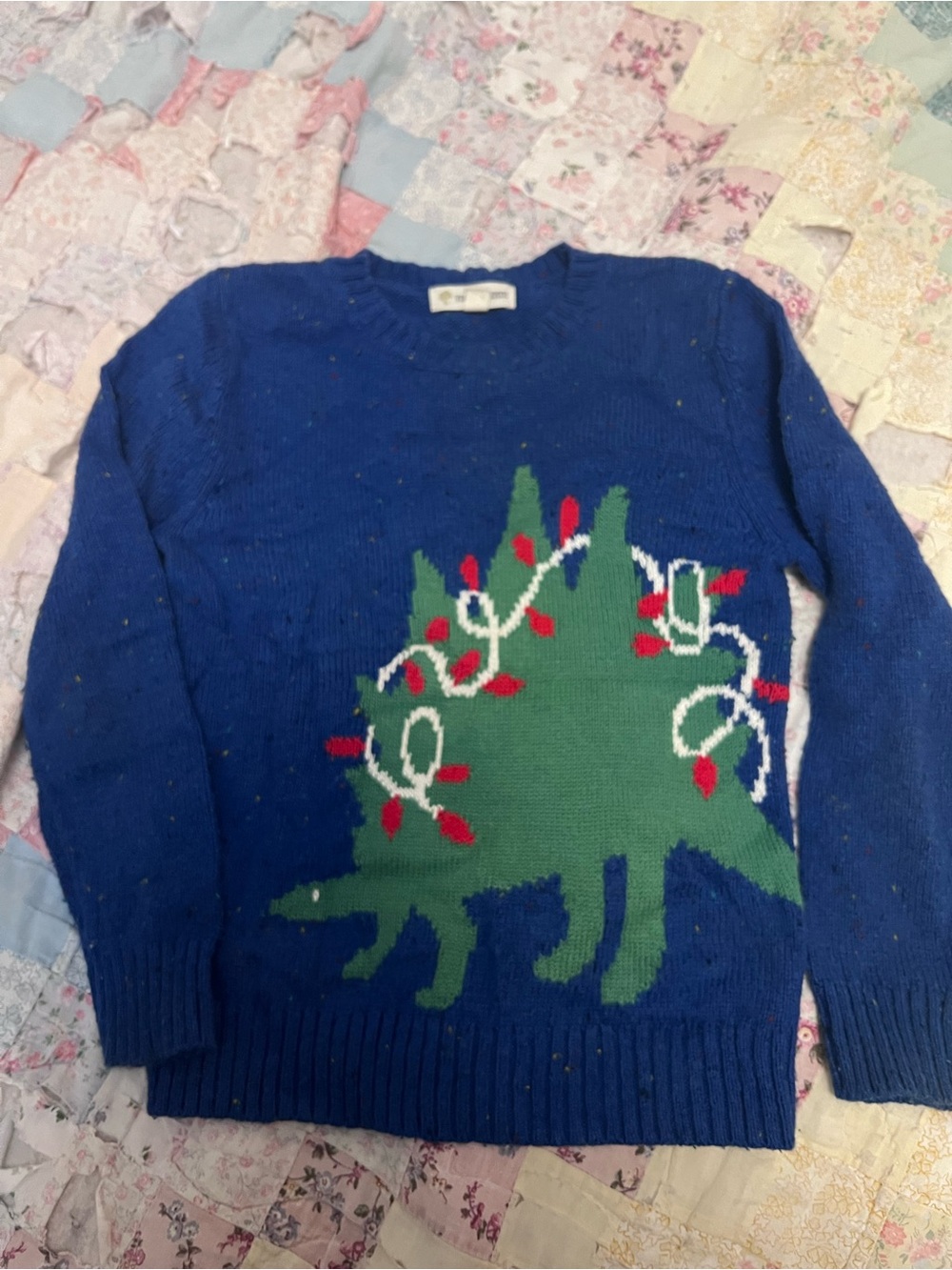 Kids Blue Holiday Knit Sweater with Green Tree Motif